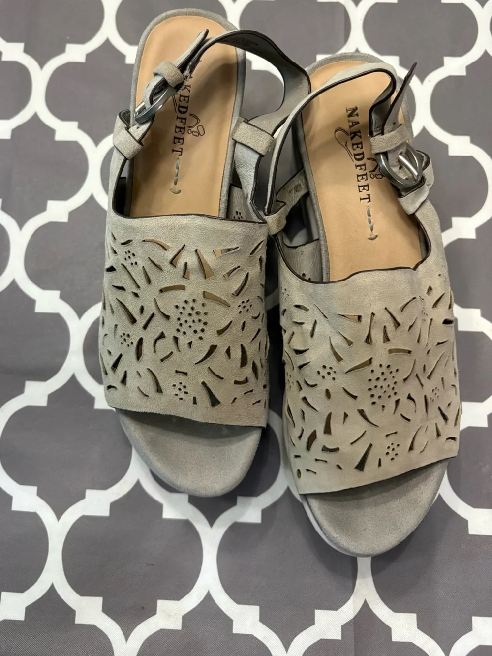 Naked Feet Pegasi laser-cut suede platform leather wedge sandals
